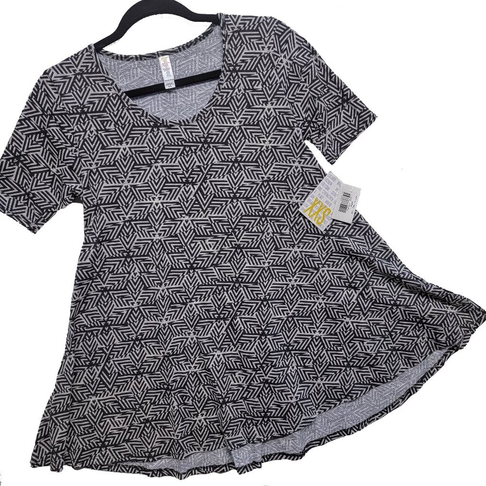 LuLaRoe Perfect T XXS Geometric Maze Black Grey Mod Minimalist Swing Tunic Tee